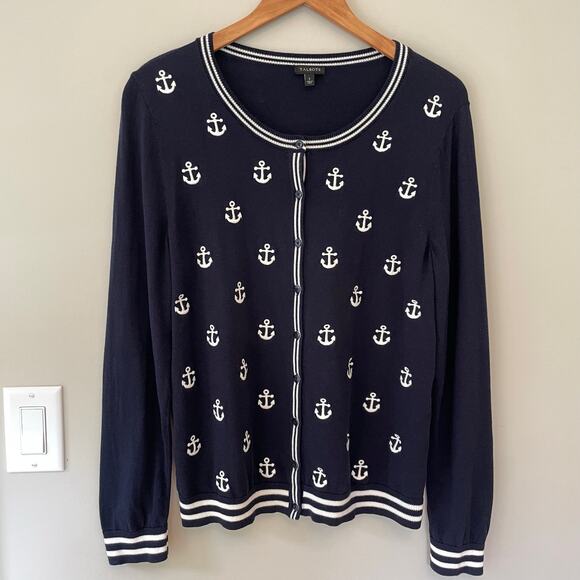 Talbots Embroidered Nautical Button Navy Blue Cardigan Sz L Beach Sailing Resort - Picture 1 of 7